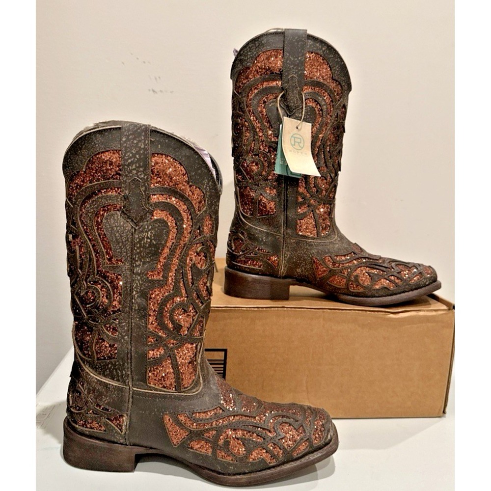 Roper Women Size 6 Mercedes Western Square Toe Boots Brown Glitter Leather Toole